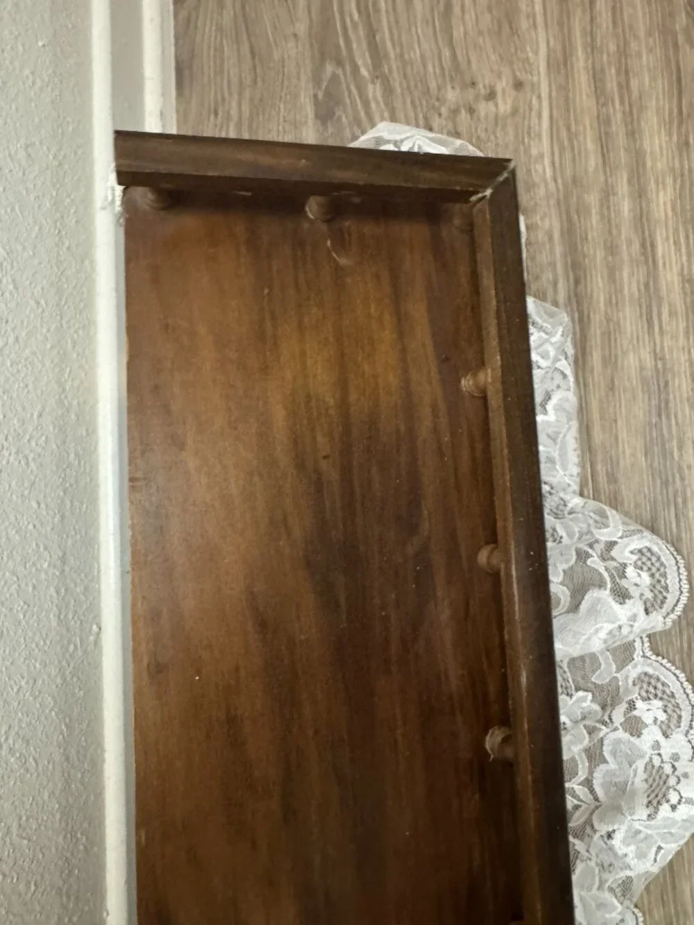 Vintage Farmhouse Wooden Wall Shelf with Lace Trim Cottage Chic Display Shelf